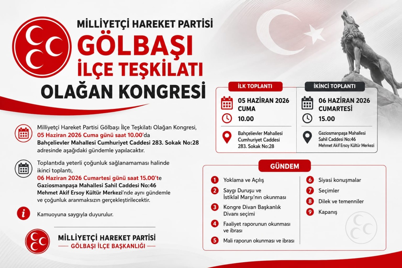 Milliyetçi Hareket Partisi Gölbaşı İlçe Teşkilatı Olağan Kongre İlanı