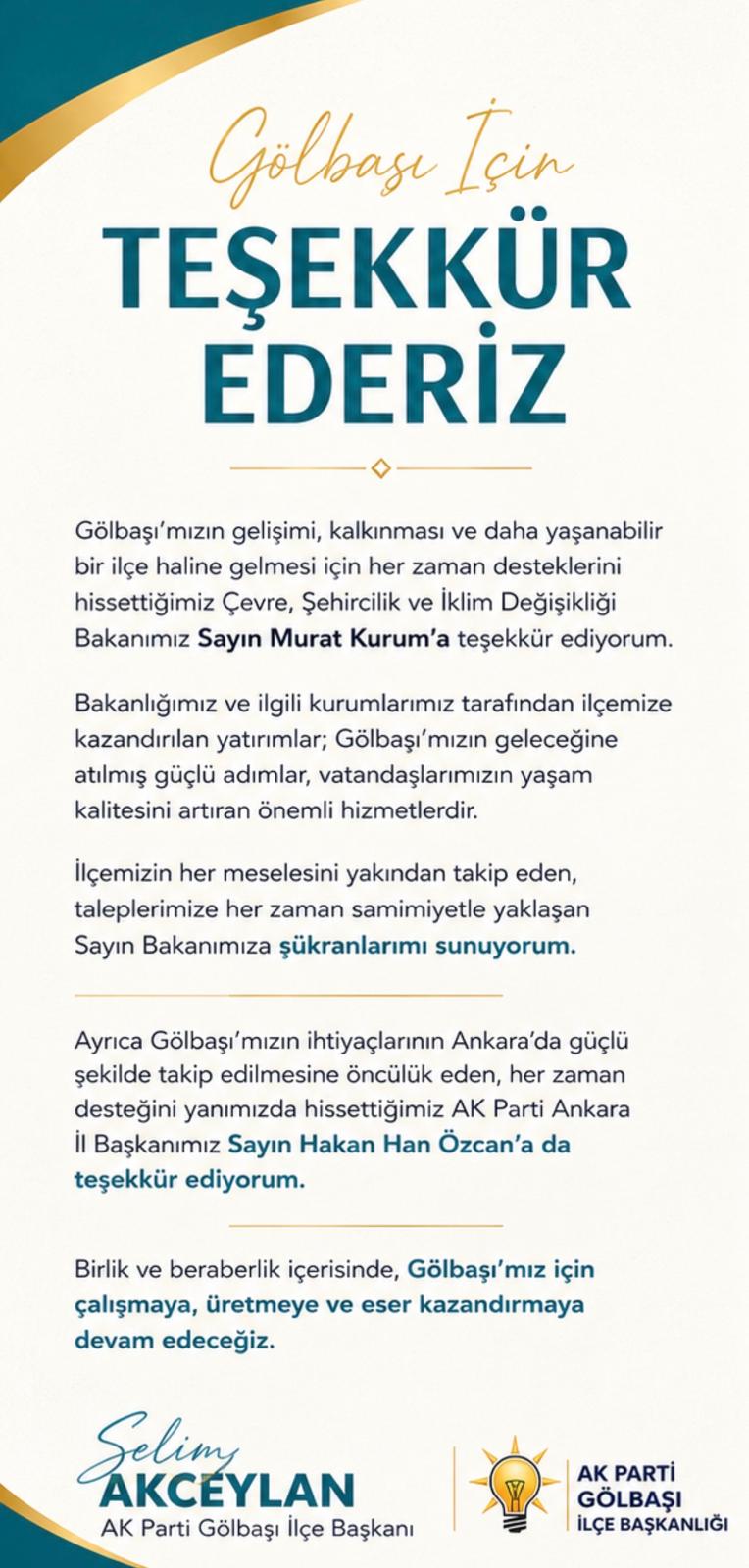 Gölbaşı’mıza değer katan yatırımlar ve destekleri için Akceylan’a teşekkür ediyoruz.